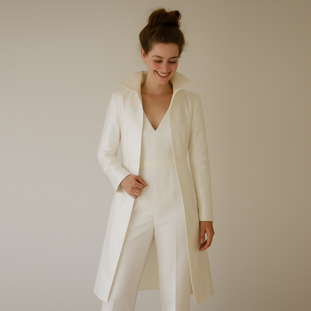 Seidenmantel in ivory in Kombination mit dem Brautjumsuit ein cooler Brautlook