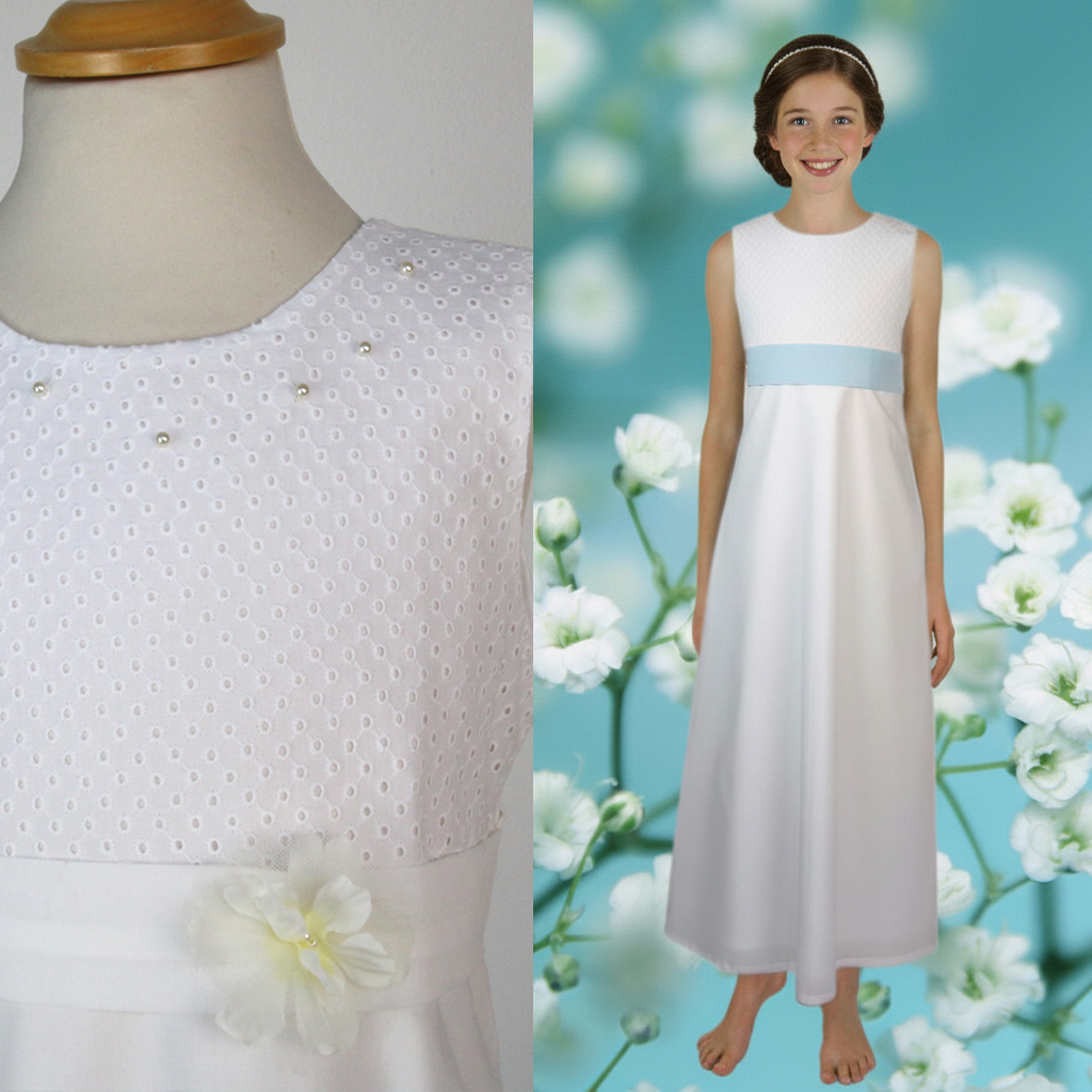 Erstkommunionkleid lang mit Perlen am Ausschnitt.