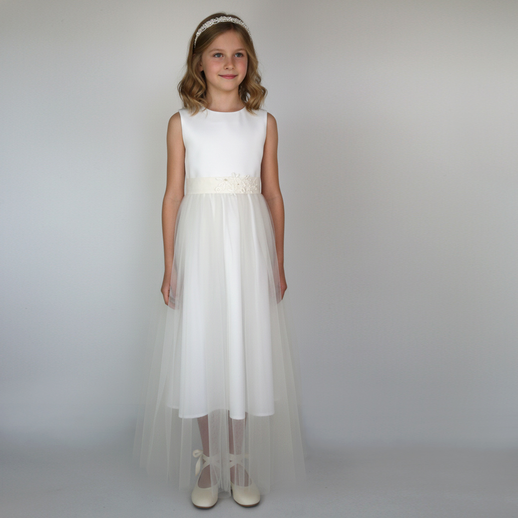 bodenlanges Erstkommunionkleid mit Tüll in cremeweiß