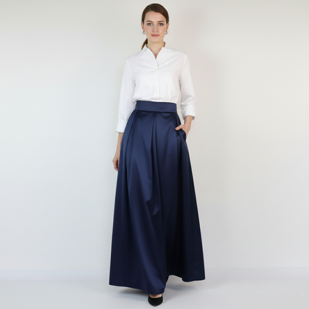 blauer eleganter Faltenrock mit weißer Business bluse